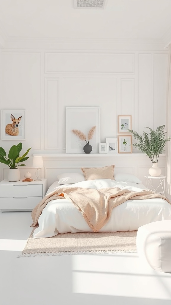 A bright white bedroom featuring soft pastel accents, a cozy bed, plants, and nature-themed artwork.