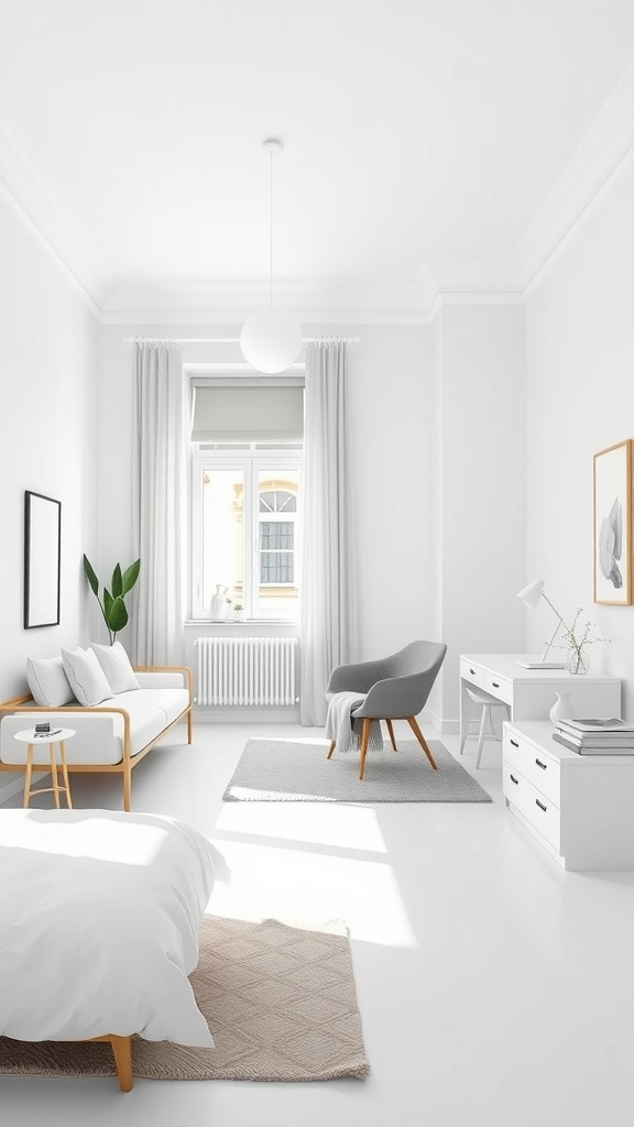 A white bedroom with Scandinavian design featuring a bed, a couch, plants, and a desk.