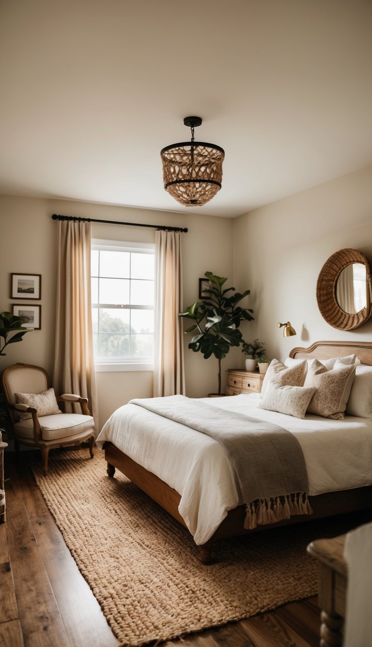 A cozy bedroom with a jute area rug, vintage decor, and rustic furniture
