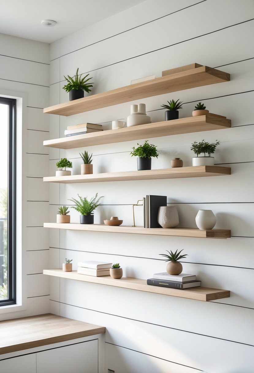 Interior room with a white shiplap wall and wooden shelves holding plants, books, and decorative items.