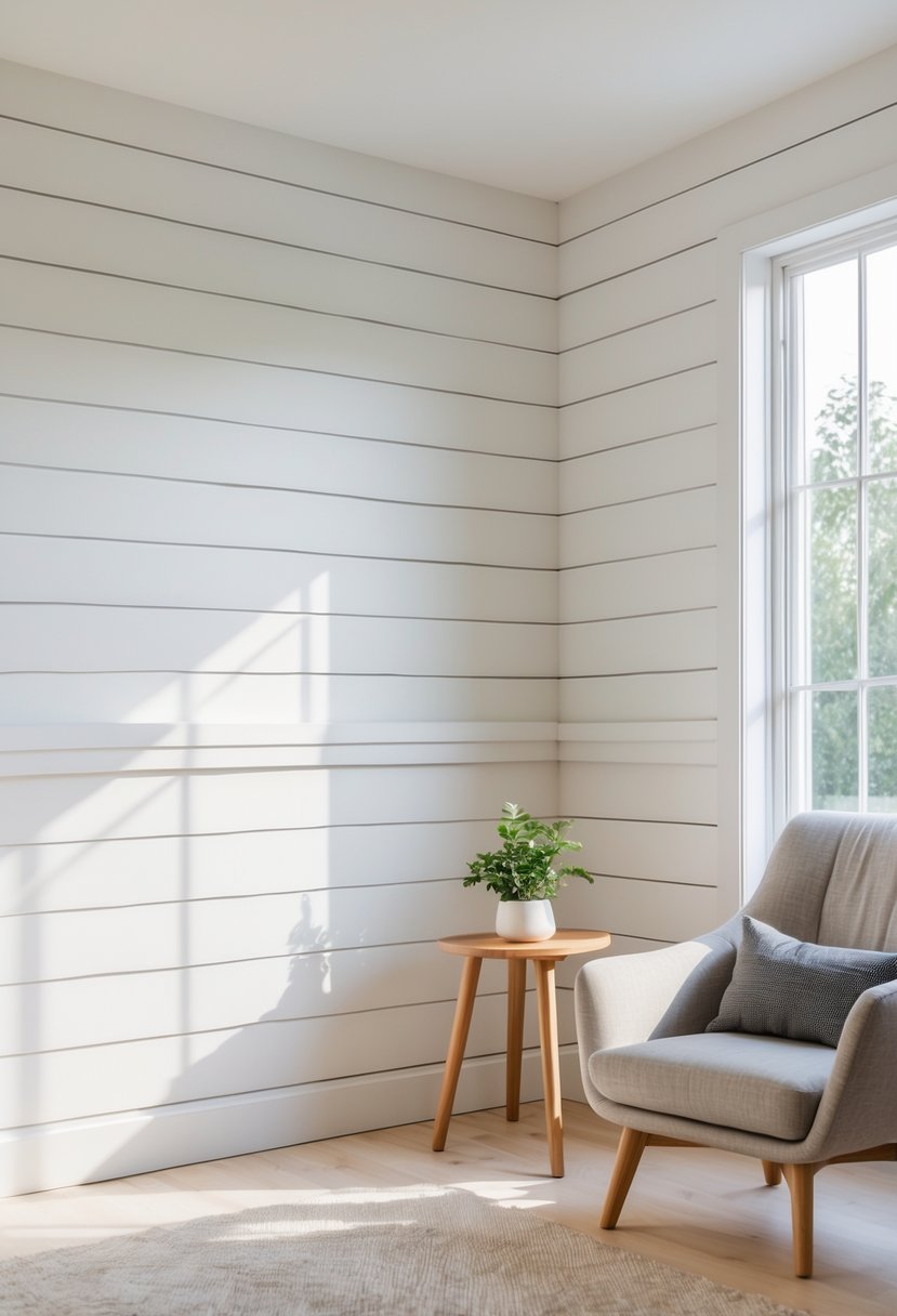 A bright room with a floor-to-ceiling white wooden plank wall, a cozy armchair, a small table with a plant, and natural light coming through a window.