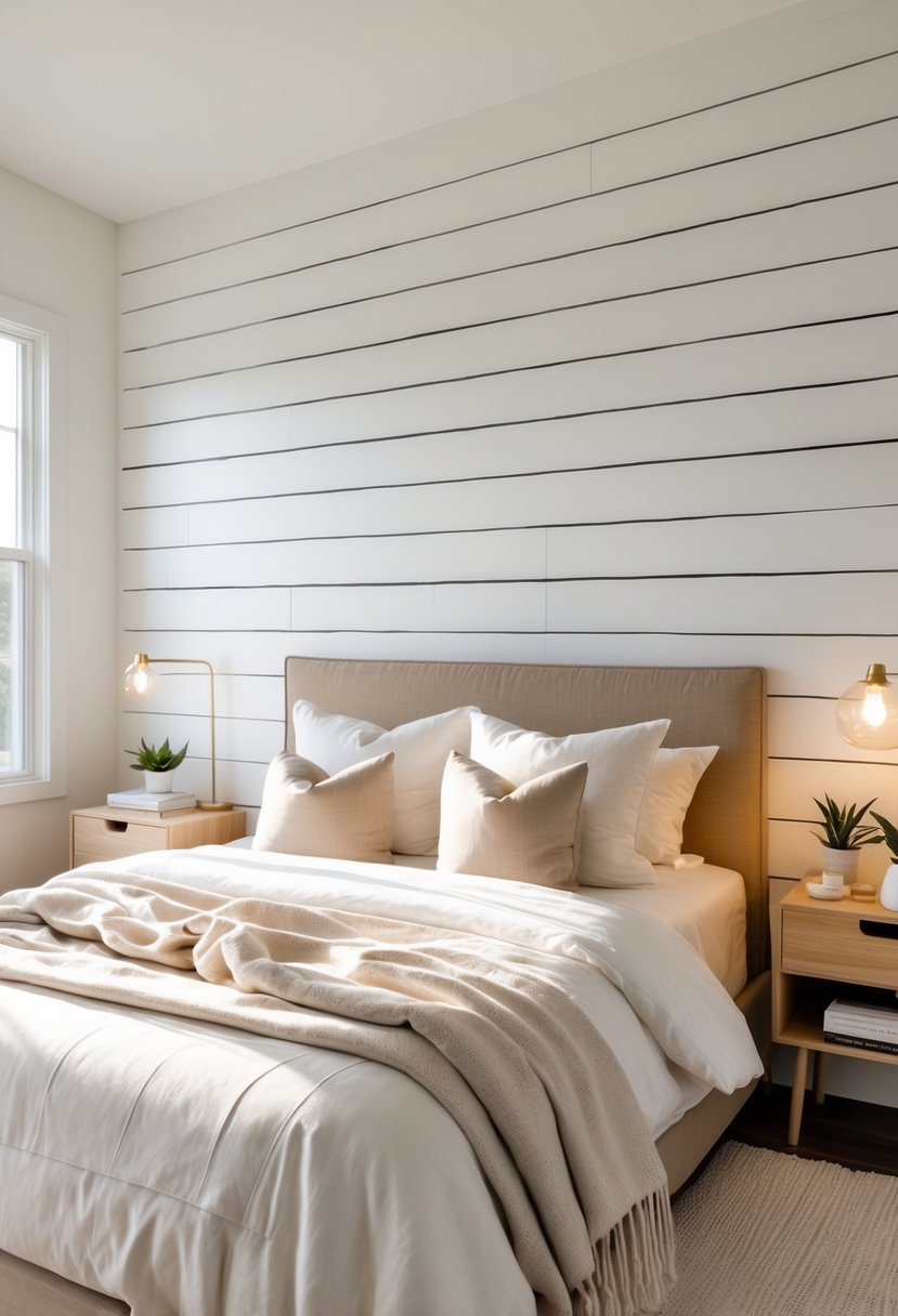 A bedroom with a white wooden shiplap wall behind a bed with neutral bedding and bedside tables with lamps and plants.