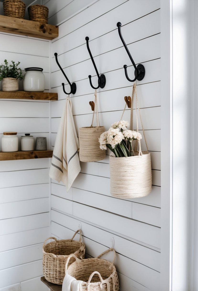 A white shiplap wall with black farmhouse hooks holding baskets and dried flowers in a bright, organized interior.