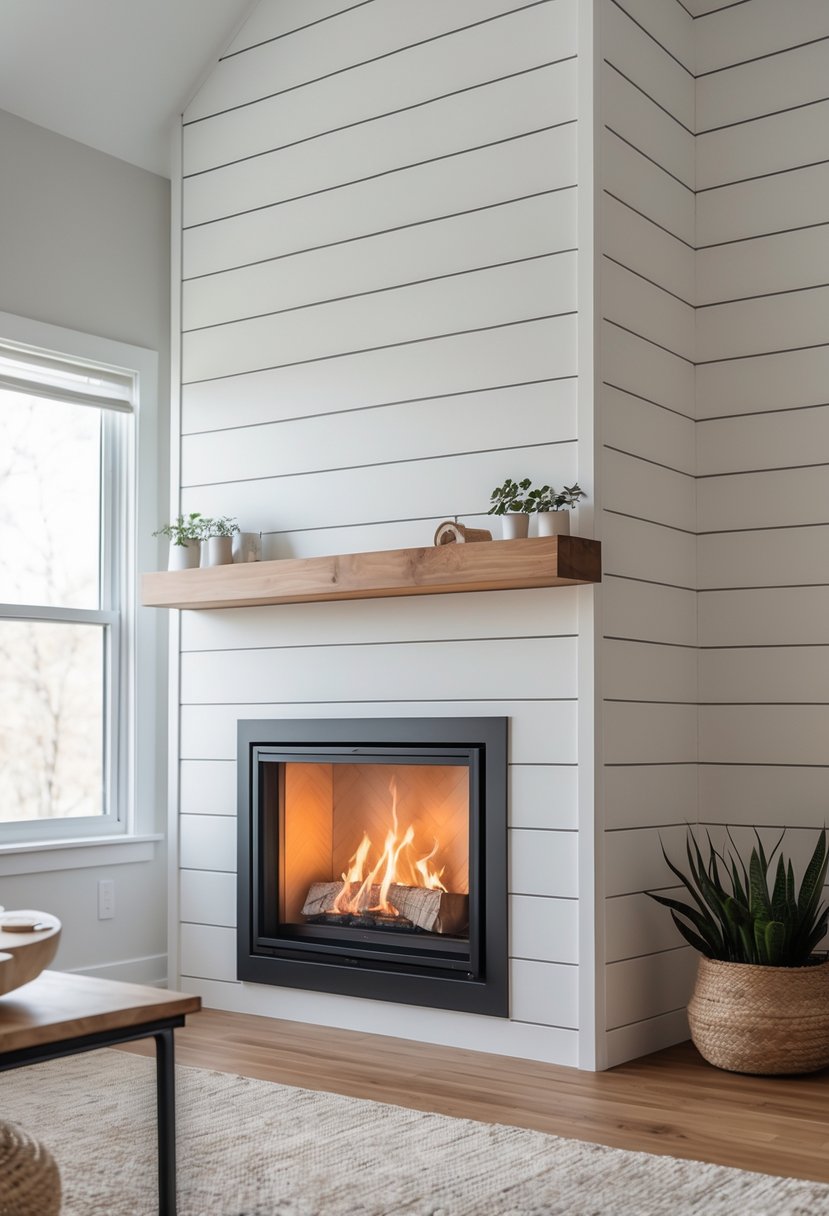 A living room with a fireplace surrounded by white wooden shiplap walls, decorated with plants and natural light.