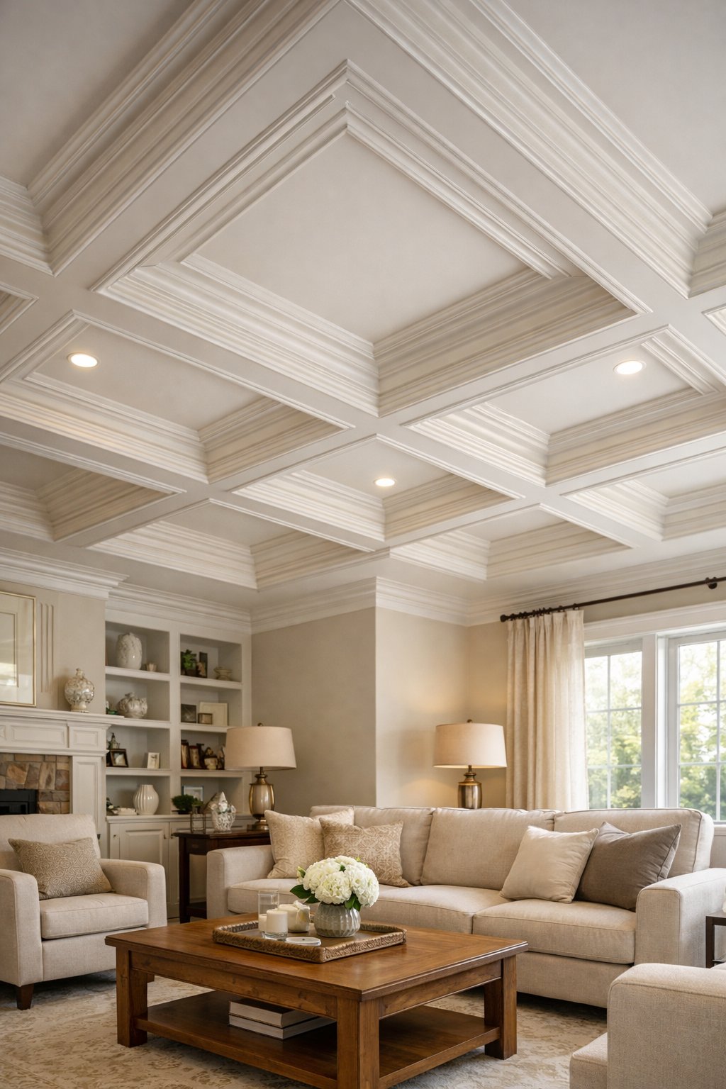 Living room with a coffered tray ceiling featuring multiple recessed panels and classic molding.