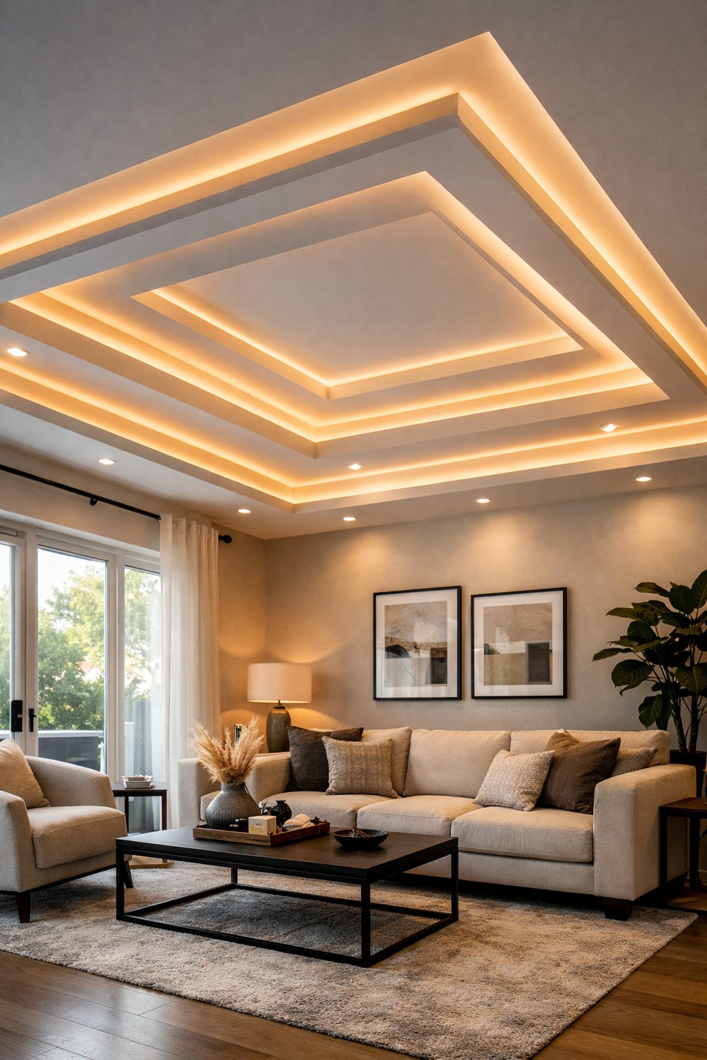Living room with a tray ceiling illuminated by layered LED lights, featuring a sofa, coffee table, and large windows.