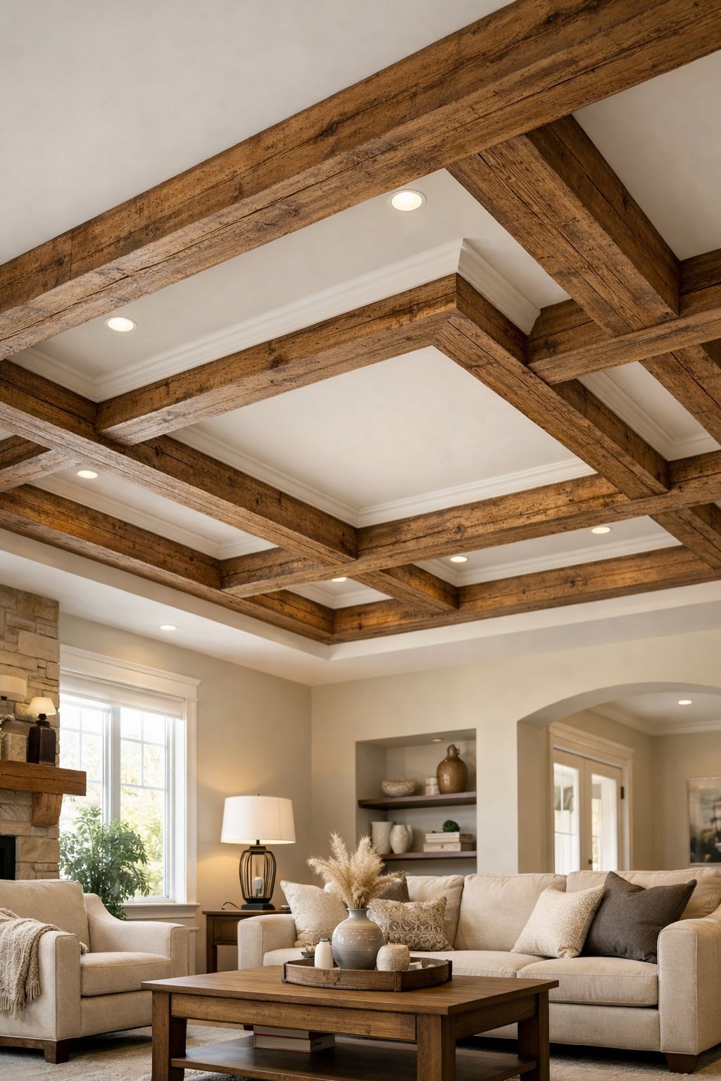 Living room with a tray ceiling featuring rustic wood beams and comfortable furniture.