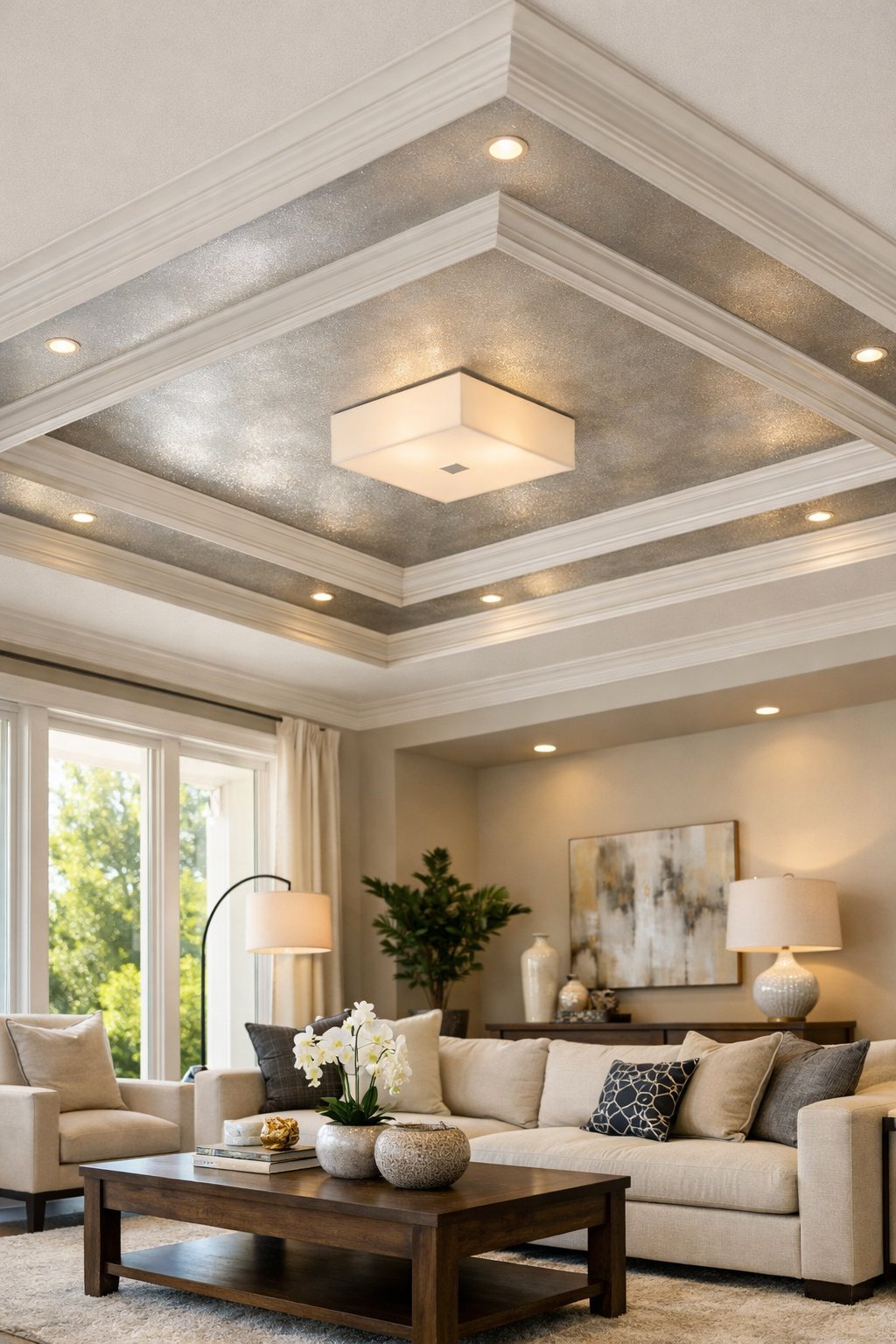 A bright living room with a layered tray ceiling finished in metallic paint reflecting natural light, furnished with a sofa and coffee table.