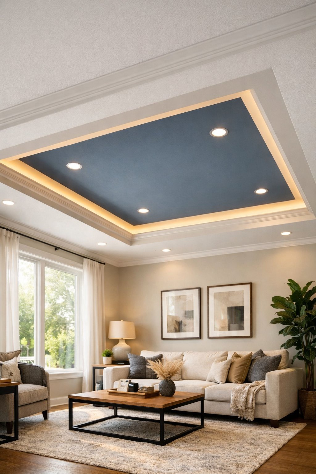 Living room with a tray ceiling that has a recessed area painted in a contrasting color and indirect lighting, furnished with a sofa and coffee table.