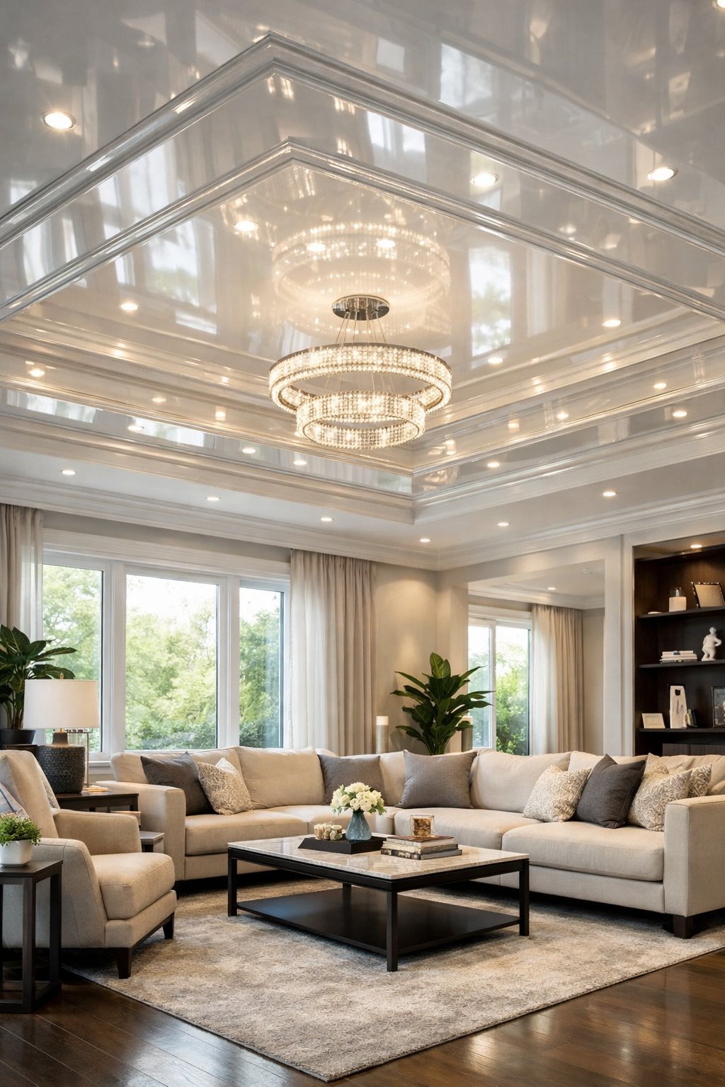 Living room with a multi-layered tray ceiling featuring a shiny lacquer finish and modern furniture beneath.