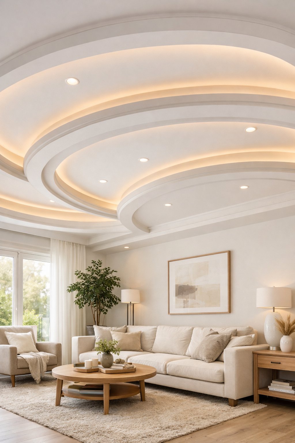Living room with a curved tray ceiling and comfortable furniture under soft natural light.