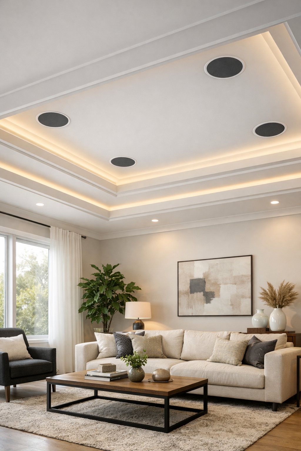 A living room with a tray ceiling that has hidden speakers integrated into it, featuring modern furniture and natural light.