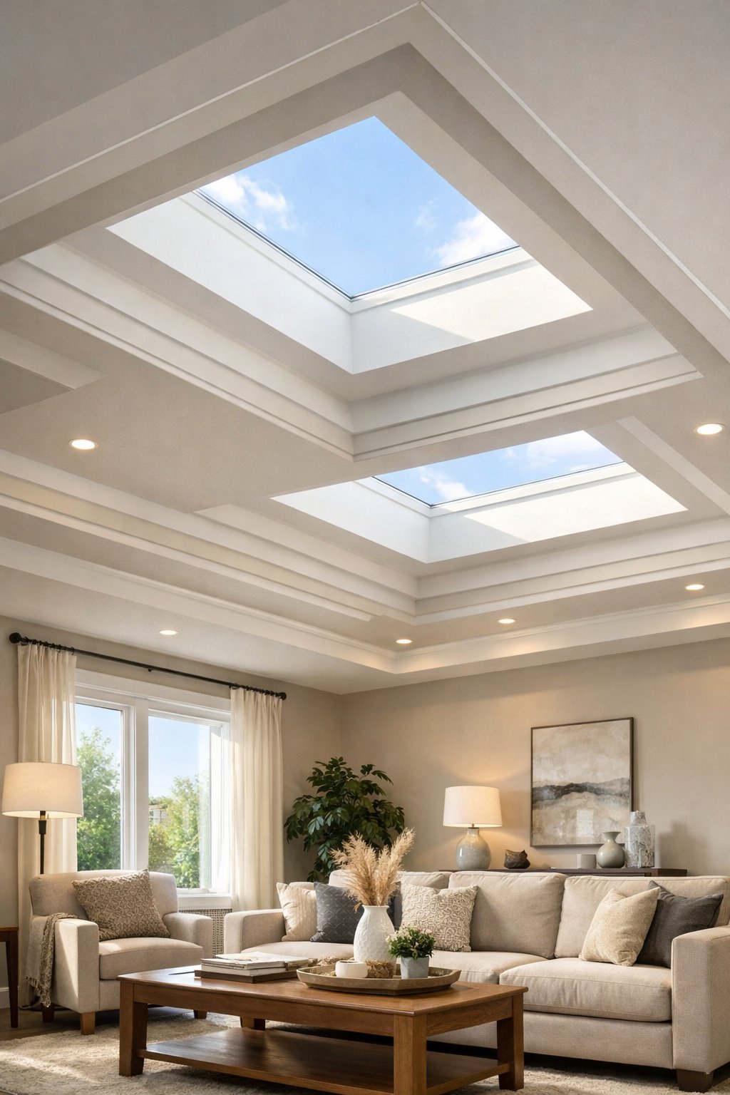 Living room with a tray ceiling featuring skylights that let in natural light, illuminating the space below.