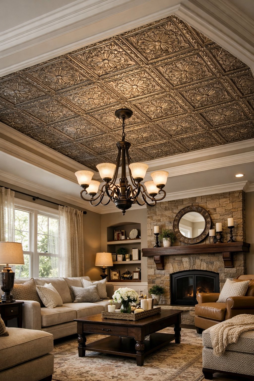 A living room with a tray ceiling decorated with patterned metallic tiles and comfortable furniture beneath.
