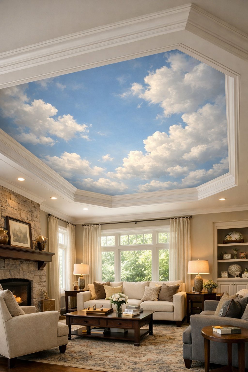 A modern living room with a tray ceiling painted to look like a blue sky with white clouds.