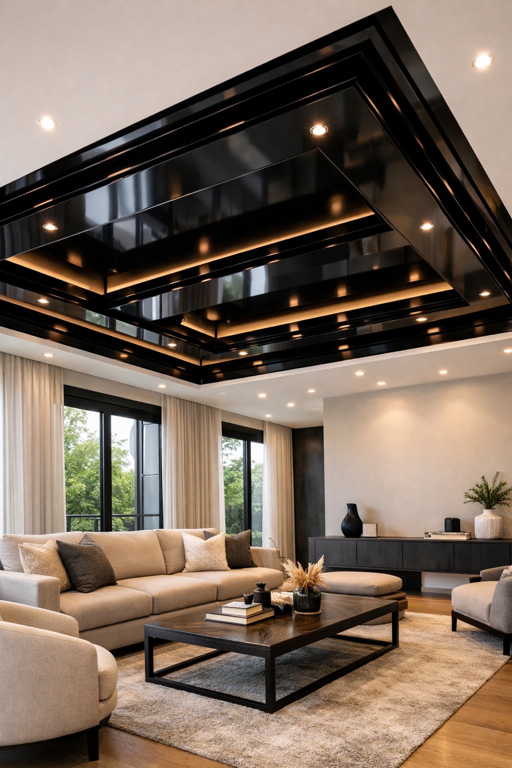 Living room with a glossy black tray ceiling featuring layered recessed design and ambient lighting, furnished with a sofa and coffee table.