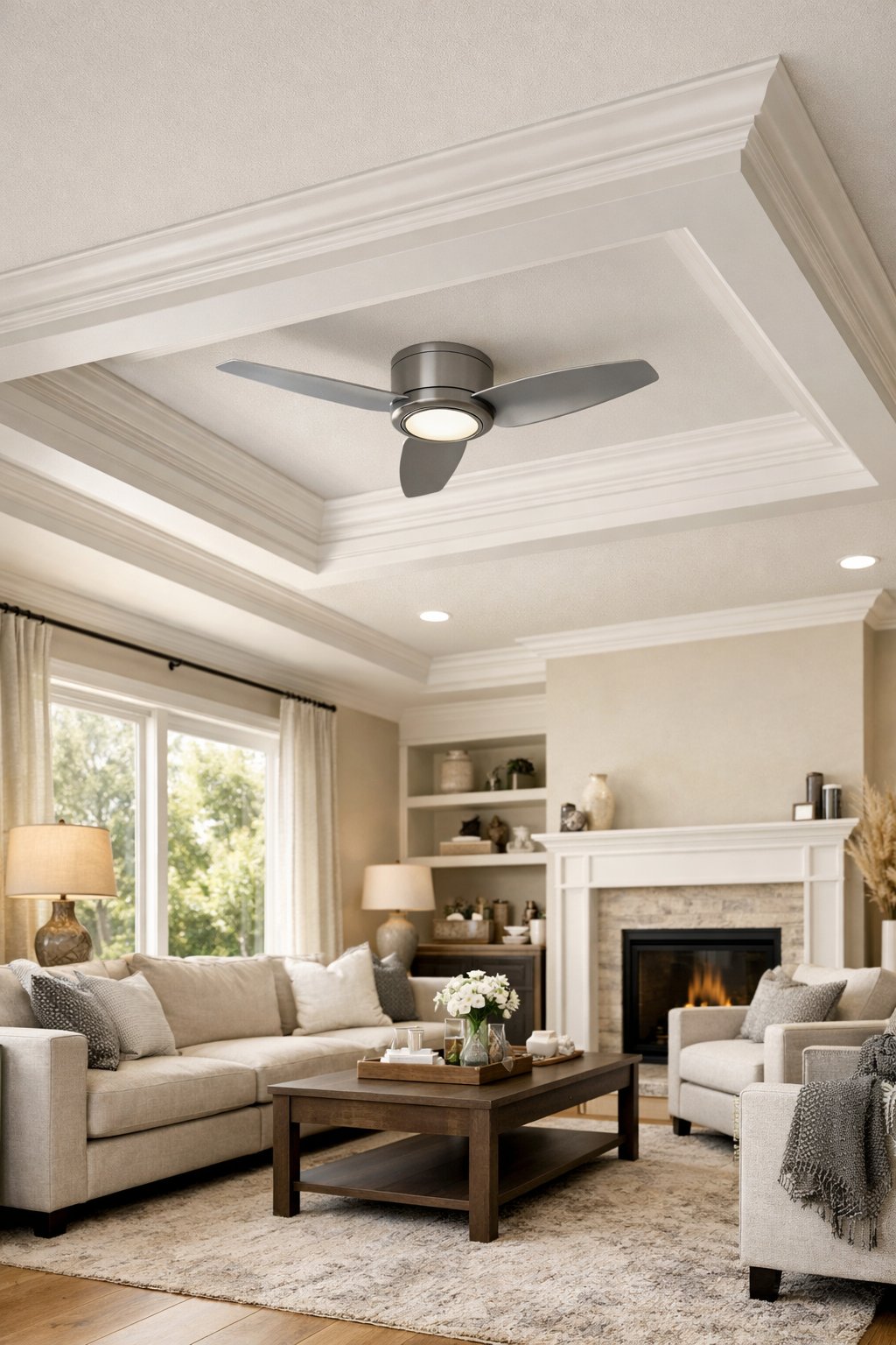 Living room with a tray ceiling featuring a built-in ceiling fan in the center.