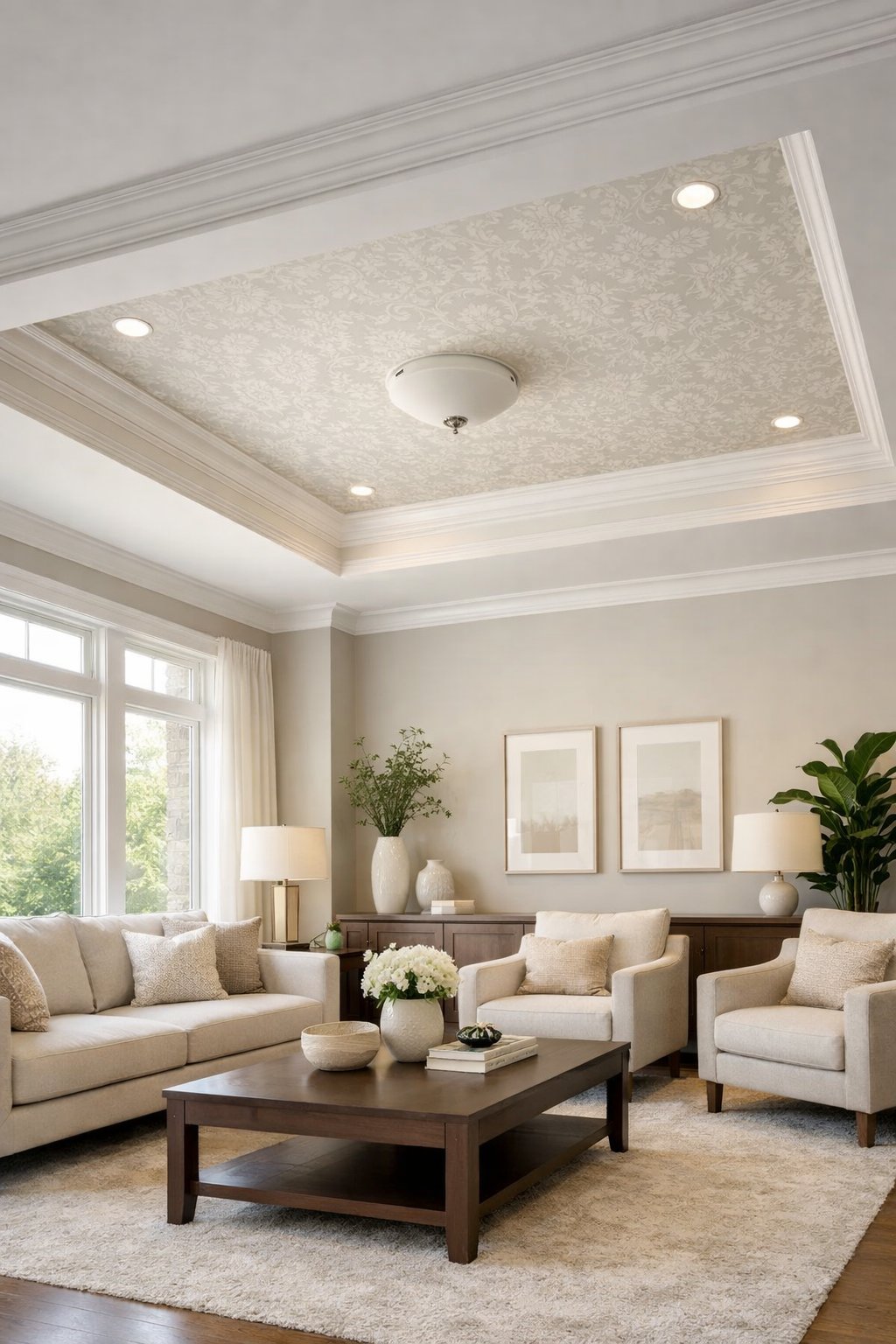 Living room with a tray ceiling featuring subtle wallpaper in the recessed area, furnished with a sofa, armchairs, coffee table, and natural light from large windows.