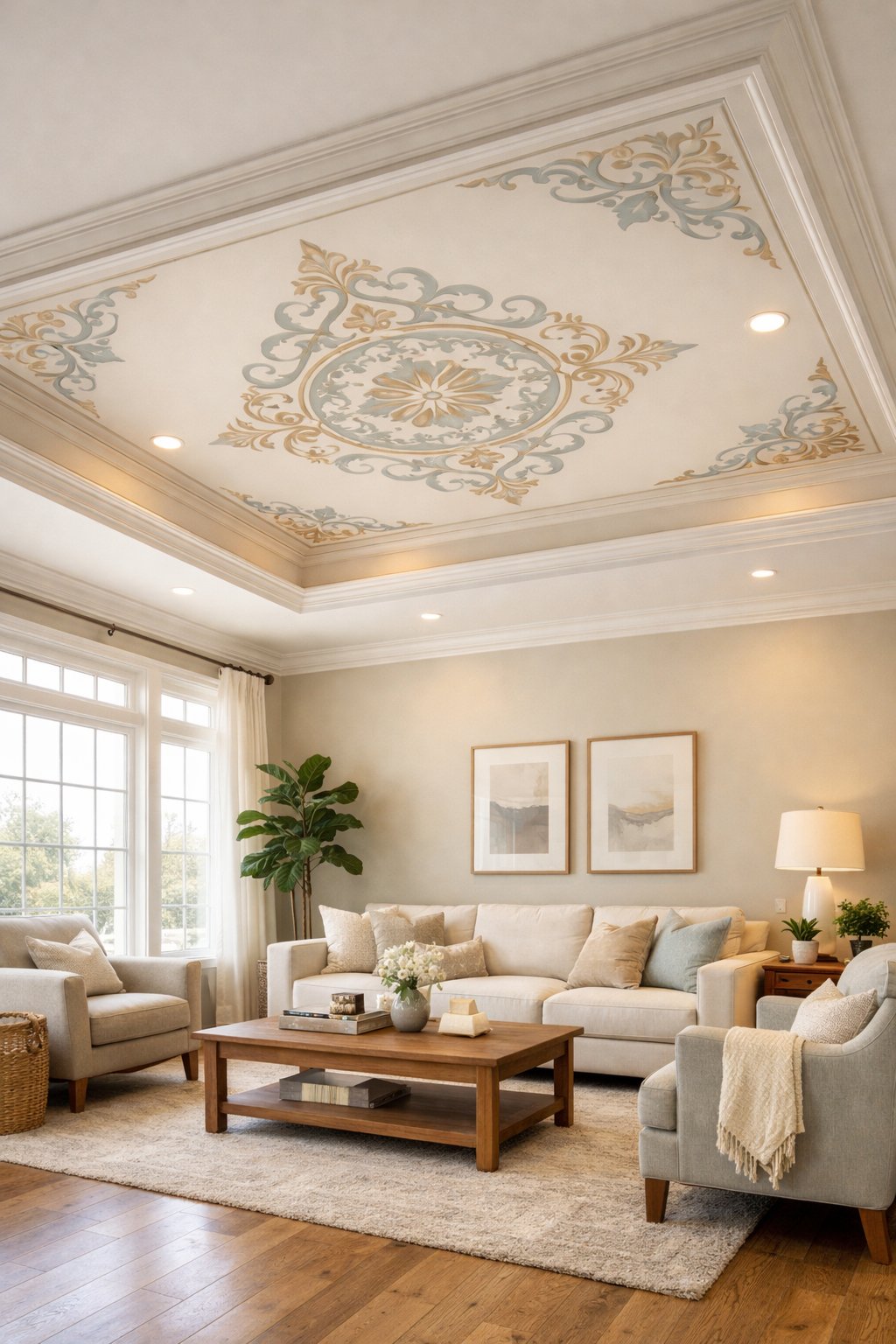 A modern living room with a decorative tray ceiling featuring custom stenciled patterns, furnished with a sofa, armchairs, and a coffee table, illuminated by natural light.