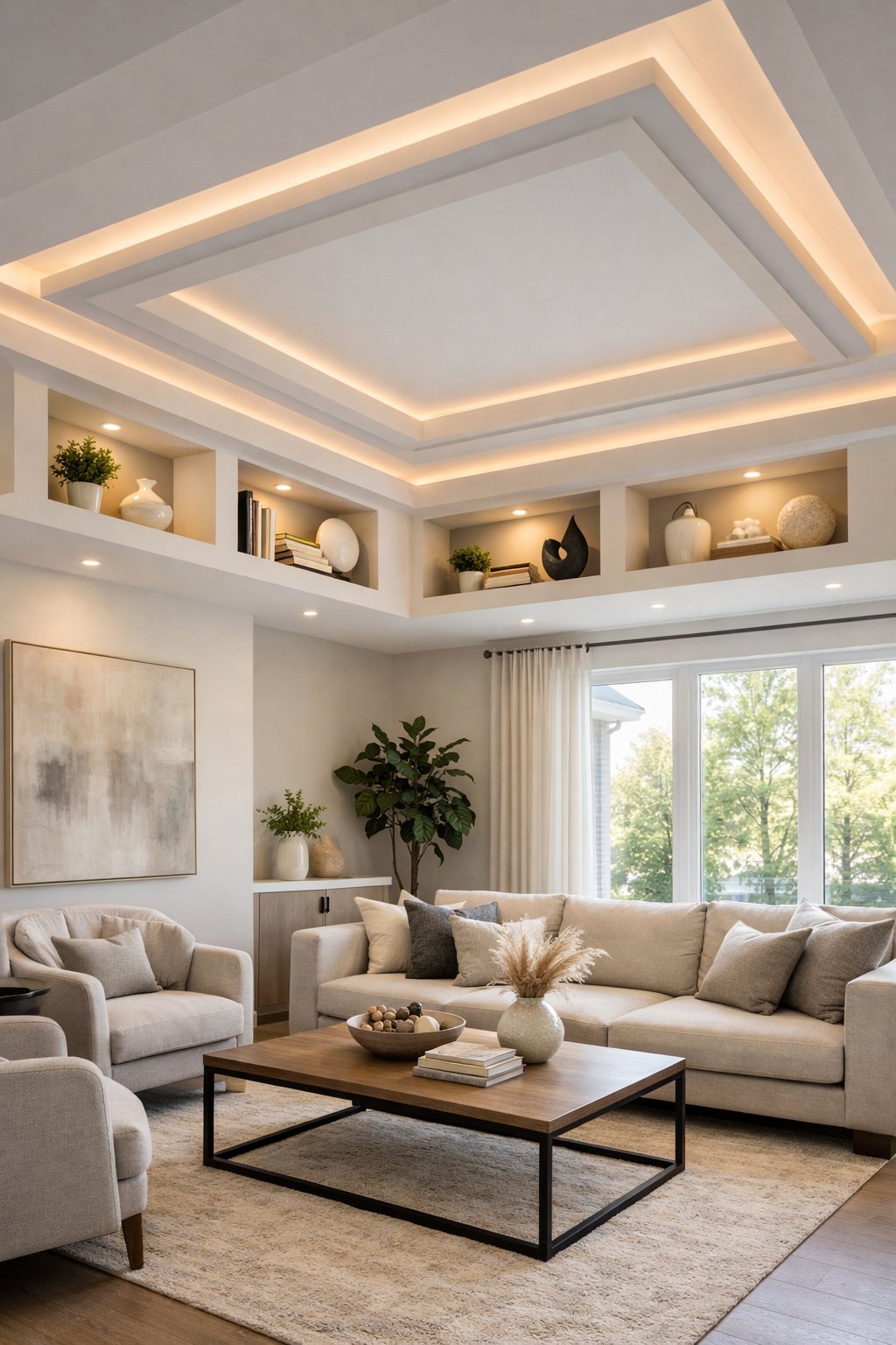 Living room with a layered tray ceiling featuring built-in recessed shelves displaying decorative items.