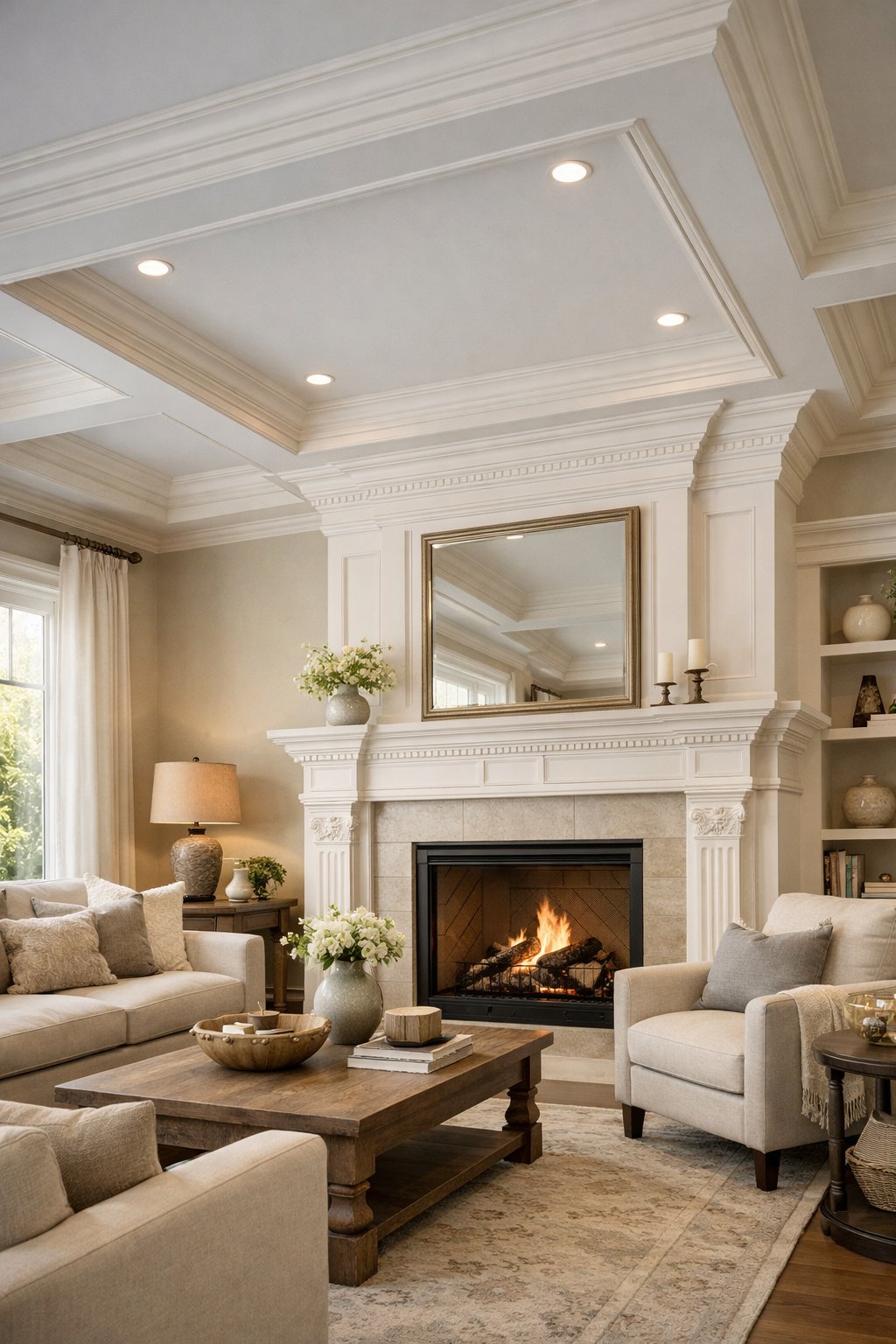 Living room with a fireplace mantel and a layered tray ceiling, furnished with seating and decorated warmly.