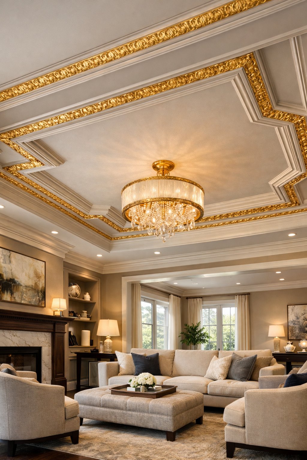 A living room with a tray ceiling featuring gold leaf accents along the edges, furnished with modern seating and soft lighting.