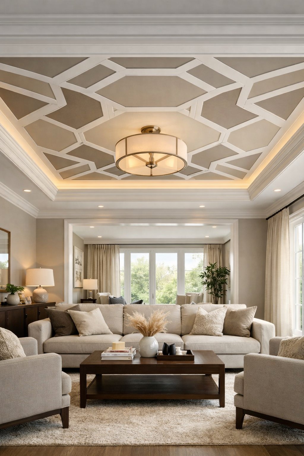 Living room with a tray ceiling featuring geometric patterned paint and modern furniture beneath.