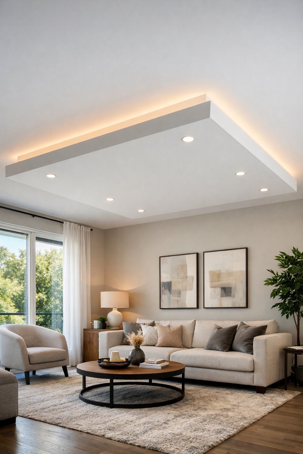 Living room with a floating tray ceiling and recessed lighting, furnished with a sofa, coffee table, and plants.