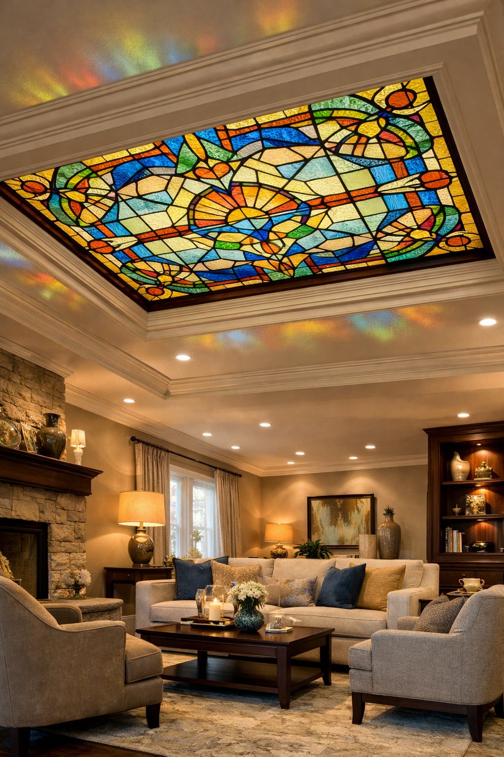 Living room with a tray ceiling featuring a backlit stained glass panel casting colorful light onto the space below.