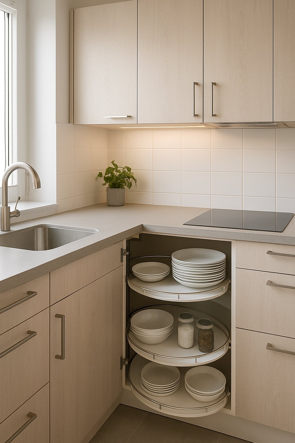A small kitchen corner with a rotating carousel cabinet open, showing organized kitchenware and efficient storage.