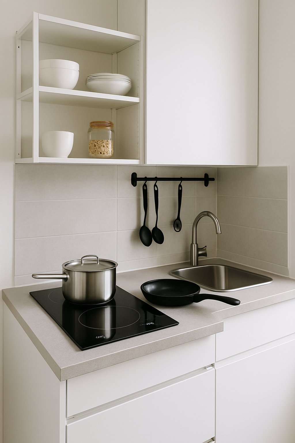 A small kitchen with a compact two-burner induction cooktop on a countertop surrounded by shelves and cabinets.