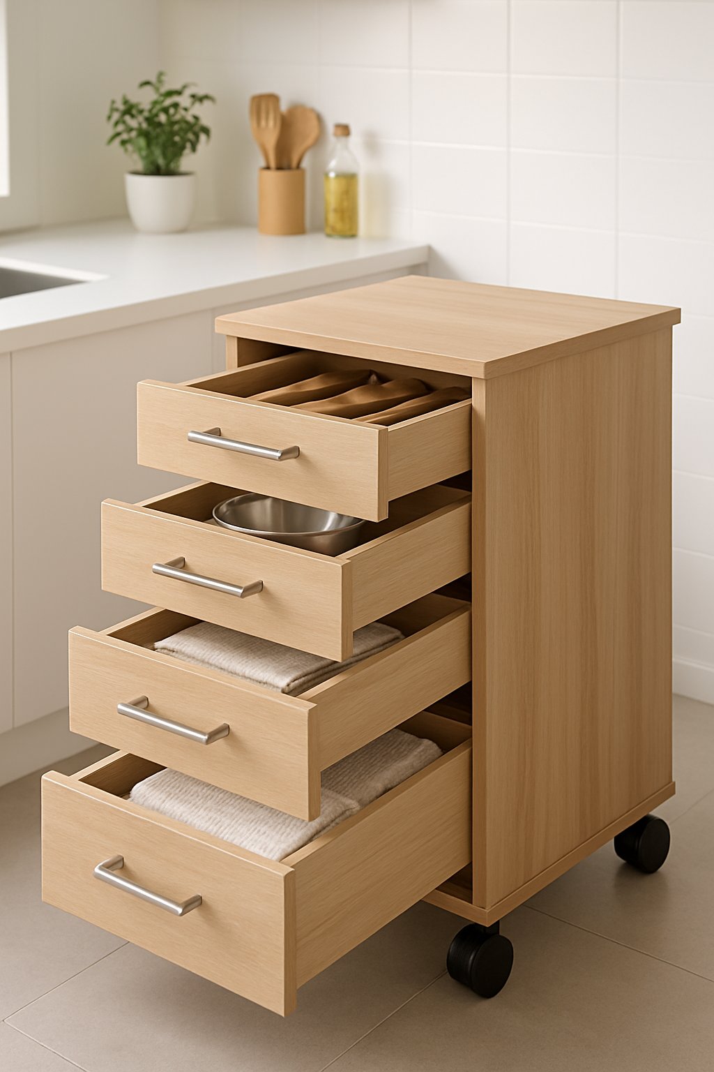 A small rolling kitchen cart with drawers in a bright kitchen, showing organized kitchen tools and a potted plant nearby.