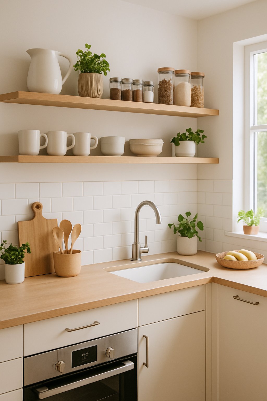 A modern kitchen with open shelves holding neatly arranged kitchen items like jars, mugs, and bowls above a countertop.