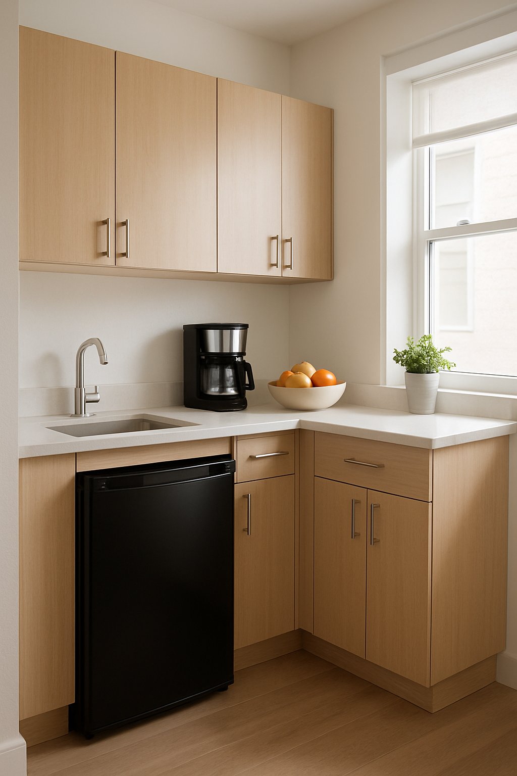 A small modern kitchen with a compact black mini fridge under the counter, light cabinetry, and a few kitchen items on the countertop.