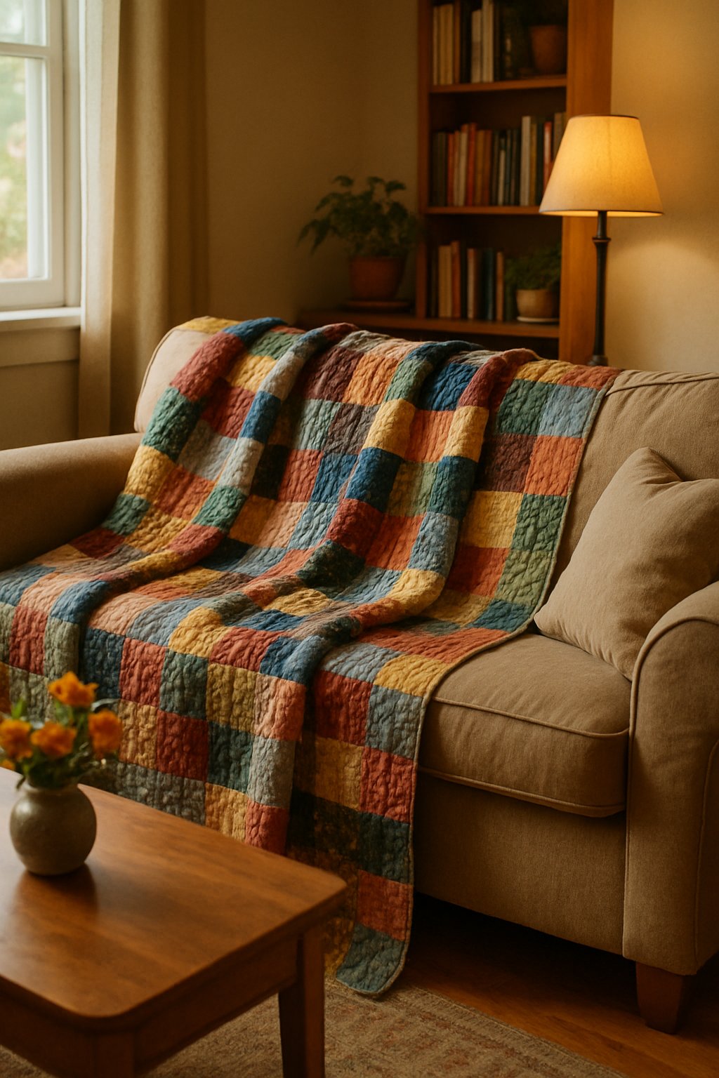 A patchwork quilt draped over a sofa in a cozy living room with a coffee table, lamp, and bookshelf in the background.