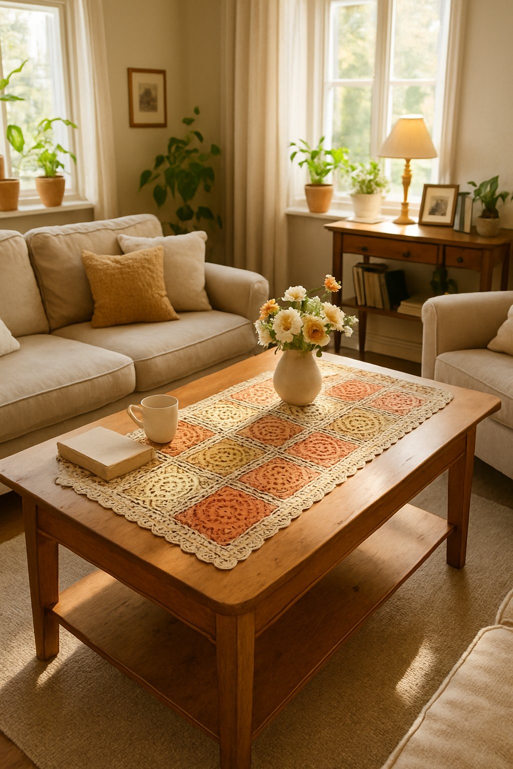 A living room with a wooden coffee table featuring a crocheted table runner, surrounded by sofas and natural light.