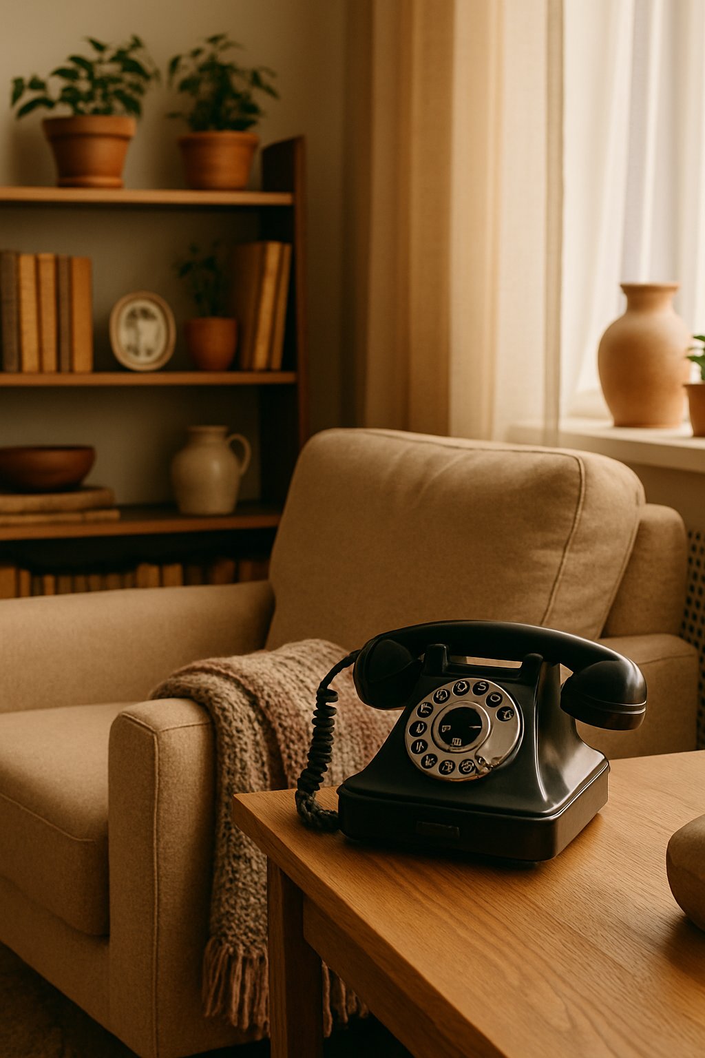 A cozy living room with a rotary dial telephone on a wooden side table next to an armchair and shelves with books and plants.