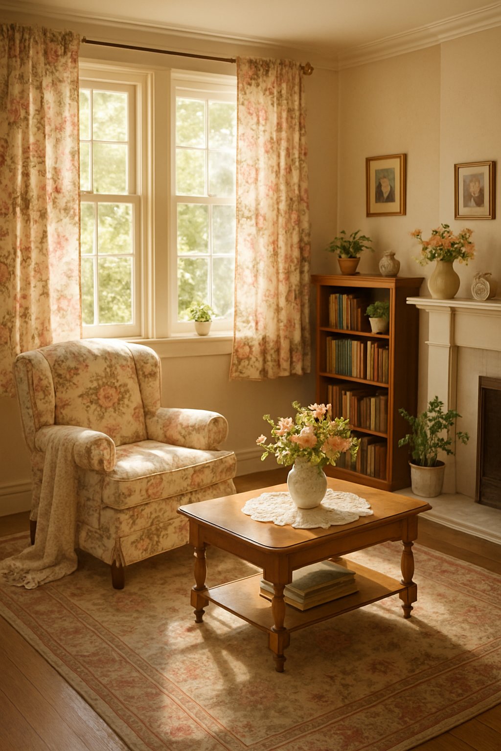 A cozy living room with floral curtains, an armchair, a wooden coffee table, bookshelves, and a fireplace.