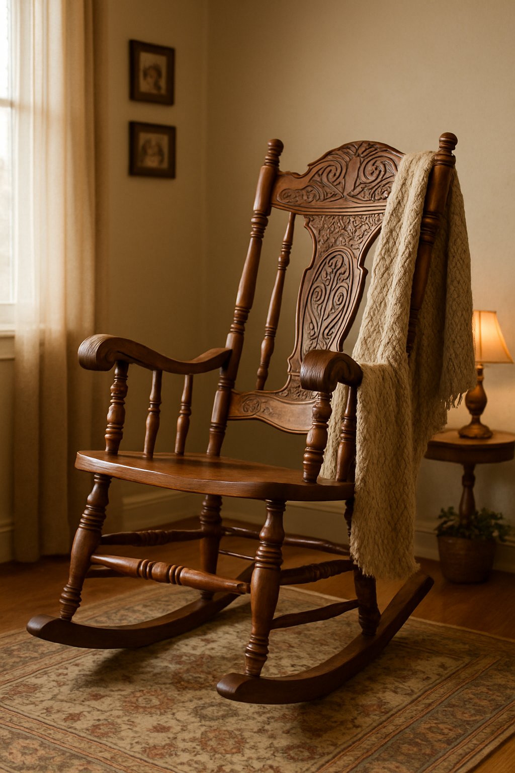 An antique wooden rocking chair in the corner of a living room with a side table, lamp, and soft natural light.