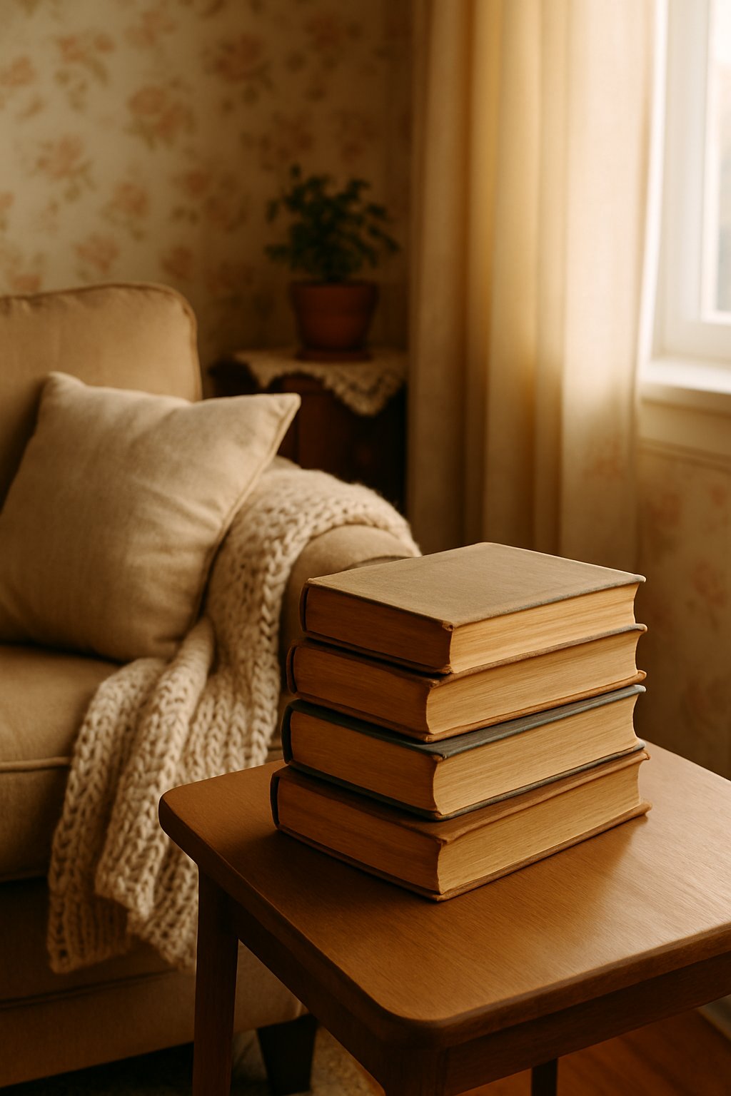 A stack of well-used hardcover books on a wooden side table next to a cushioned armchair in a cozy living room.