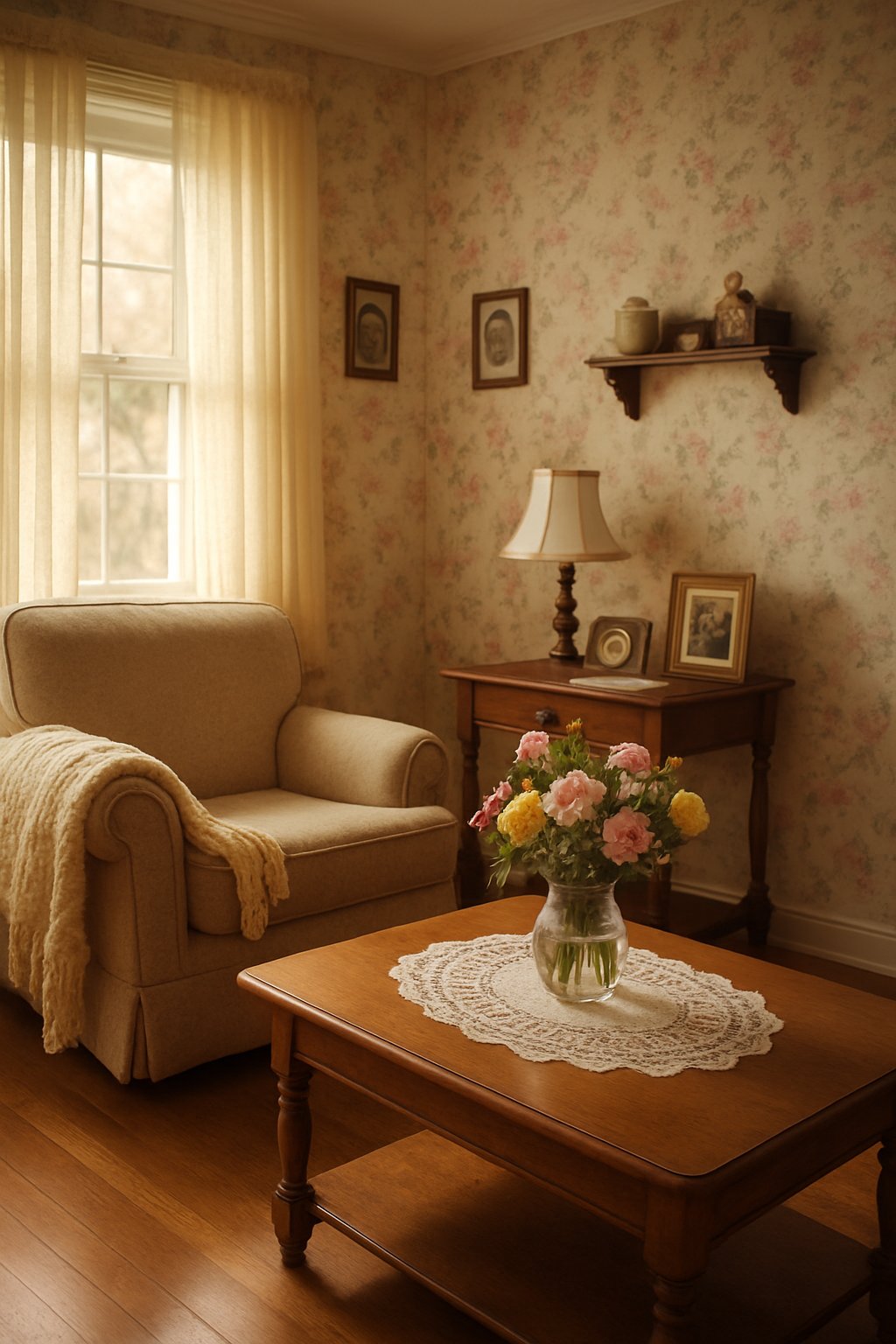 A cozy living room with floral wallpaper, an armchair, a wooden coffee table with flowers, and warm natural light.