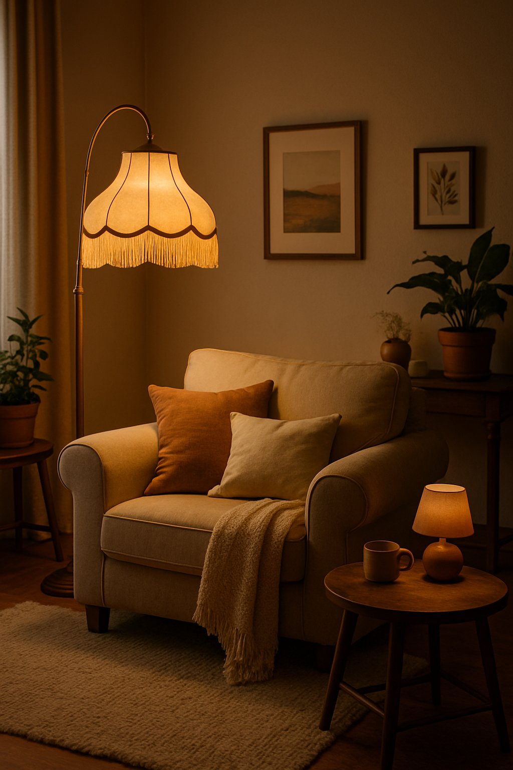 A living room with a retro floor lamp with a fringed lampshade next to an armchair and a wooden side table.
