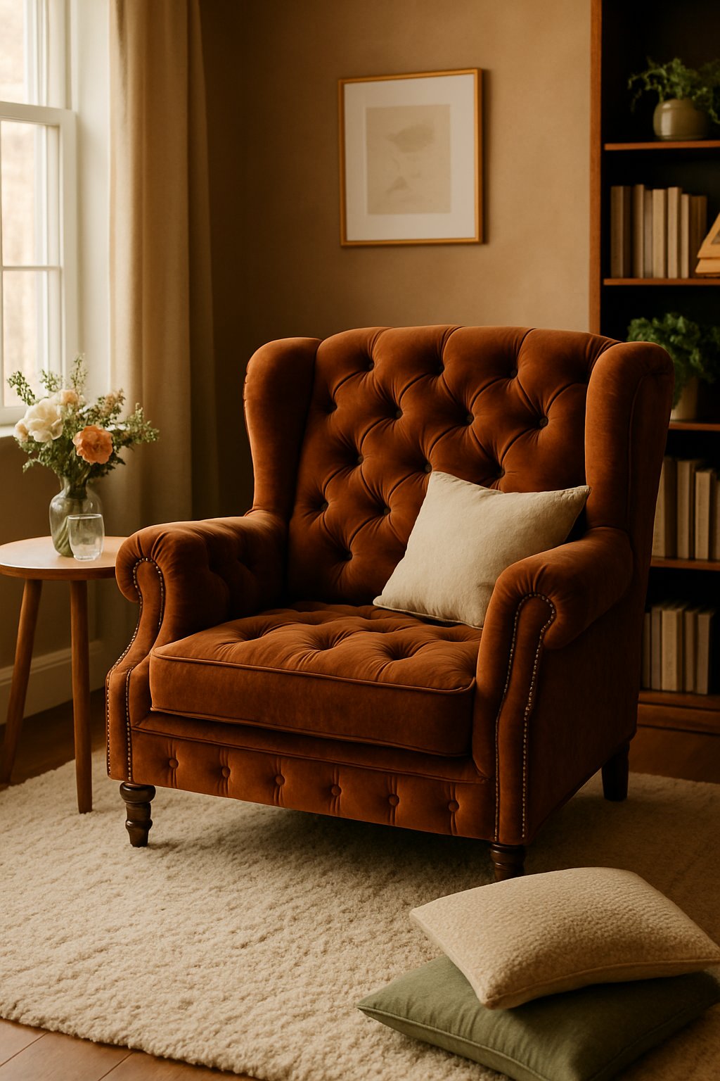 A velvet armchair with tufted buttons in a warmly lit living room with a side table, flowers, and bookshelves.