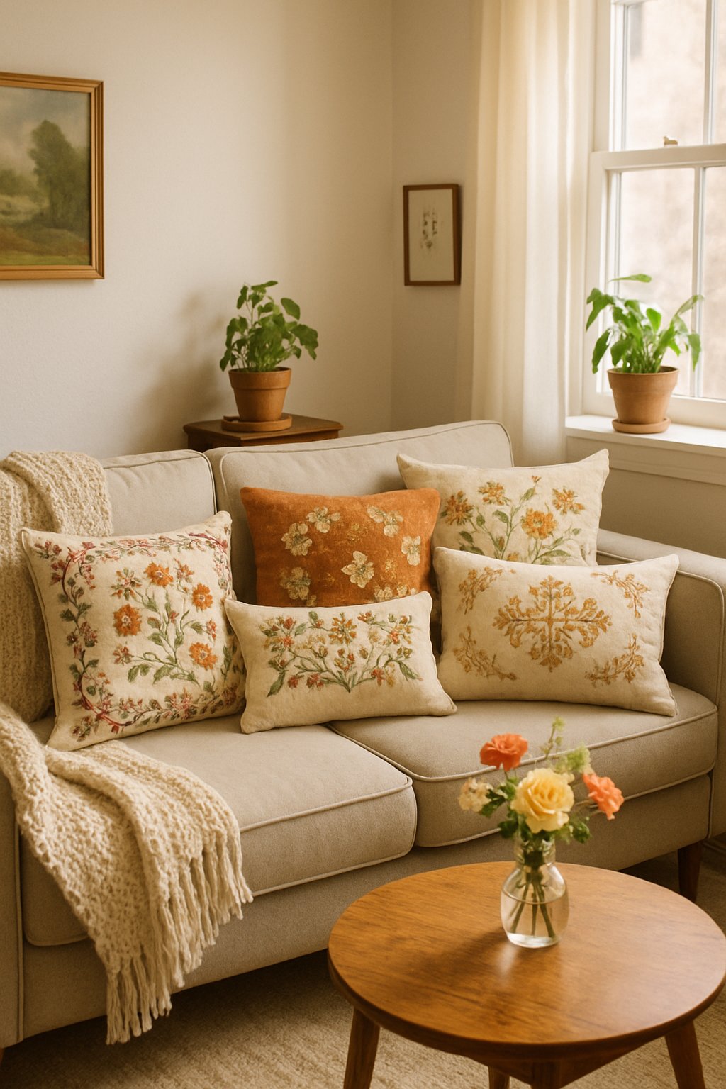 A cozy living room with a sofa decorated with hand-sewn embroidered cushions and warm home decor.