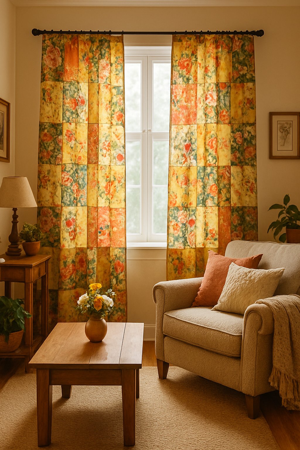 A cozy living room with patchwork floral curtains hanging over a window, featuring an armchair, wooden coffee table with flowers, and warm decor.