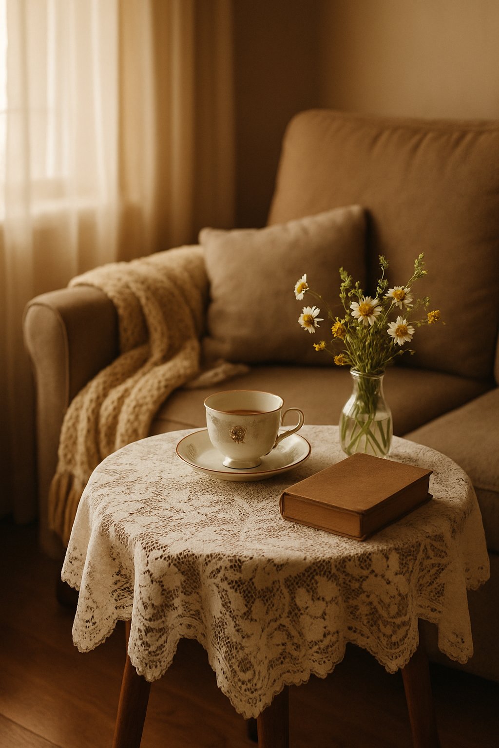 A wooden side table with a lace cloth in a living room corner, decorated with a teacup, flowers, and a book next to an armchair.