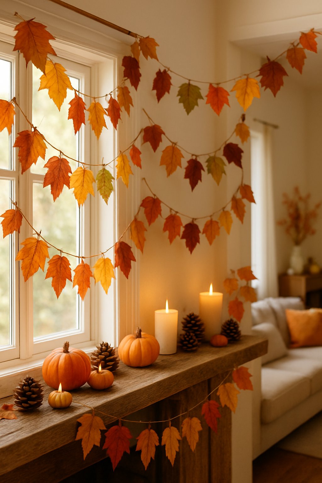 A cozy home interior decorated with colorful autumn leaf garlands draped around a wooden mantelpiece and window, surrounded by pumpkins and candles.