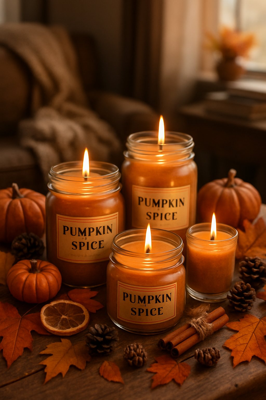 A cozy indoor scene with lit pumpkin spice scented candles surrounded by autumn leaves, small pumpkins, cinnamon sticks, and fall decorations on a wooden table.
