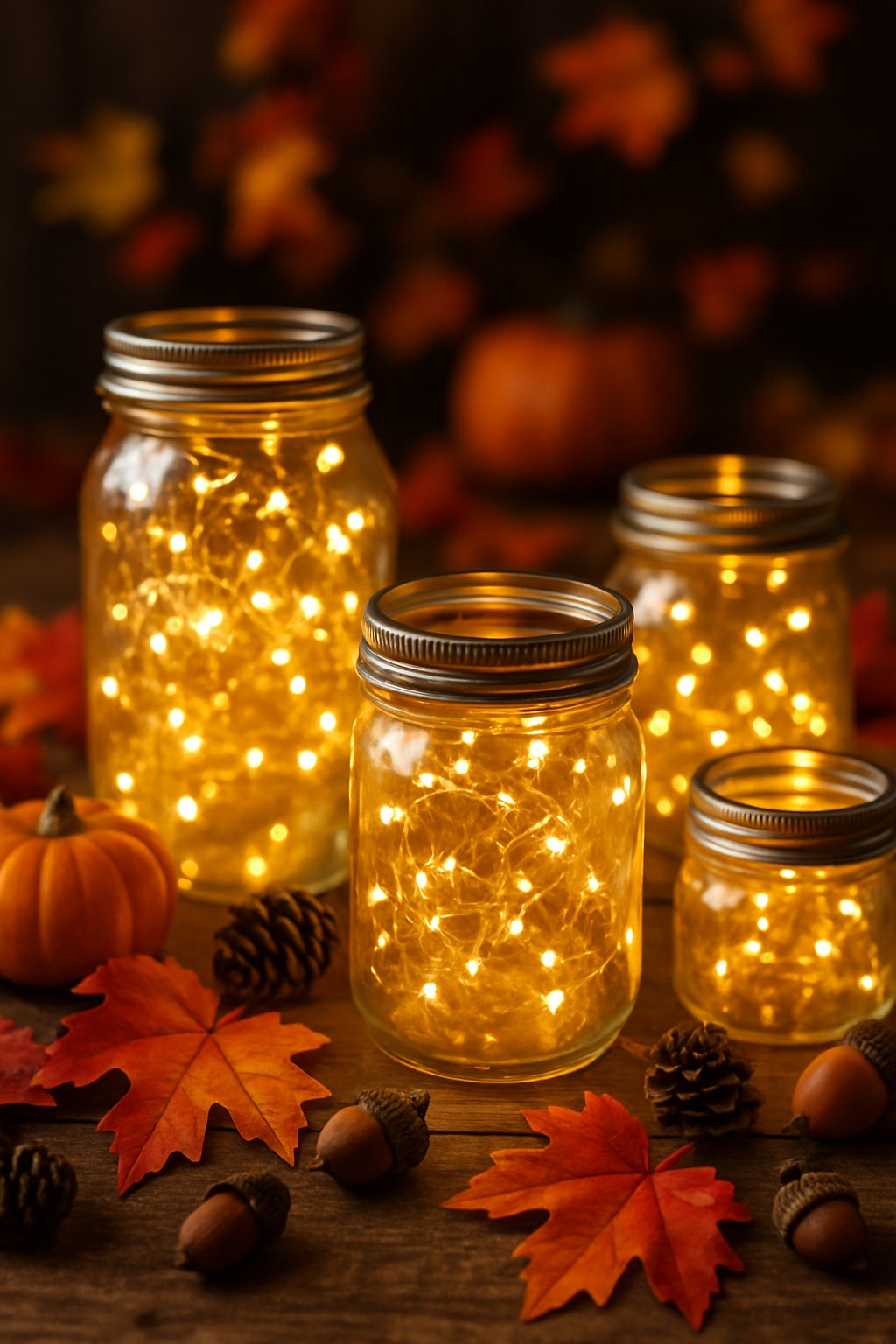 Mason jars filled with glowing fairy lights placed among fall leaves, pumpkins, and pine cones on a wooden surface.