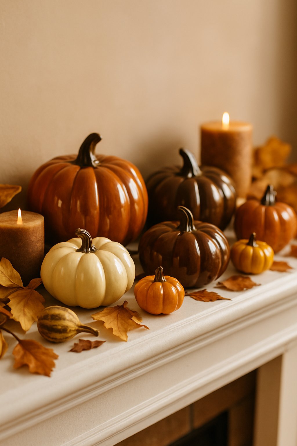 Mini ceramic pumpkins scattered on a mantel with fall decor including dried leaves and candles.